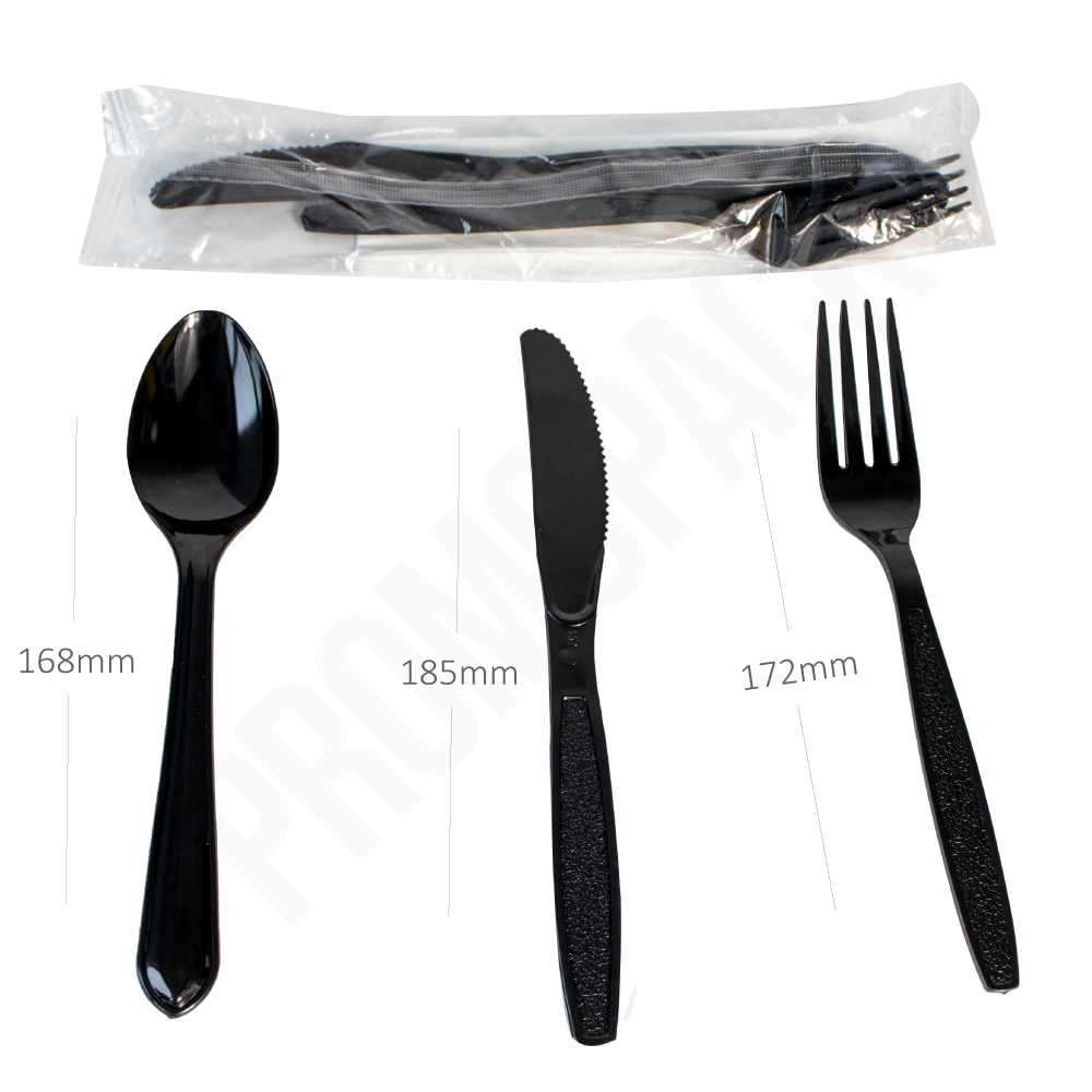  PS Plastic Black Spoon,Fork,Knife & Napkin Film Wrap 500/ctn 