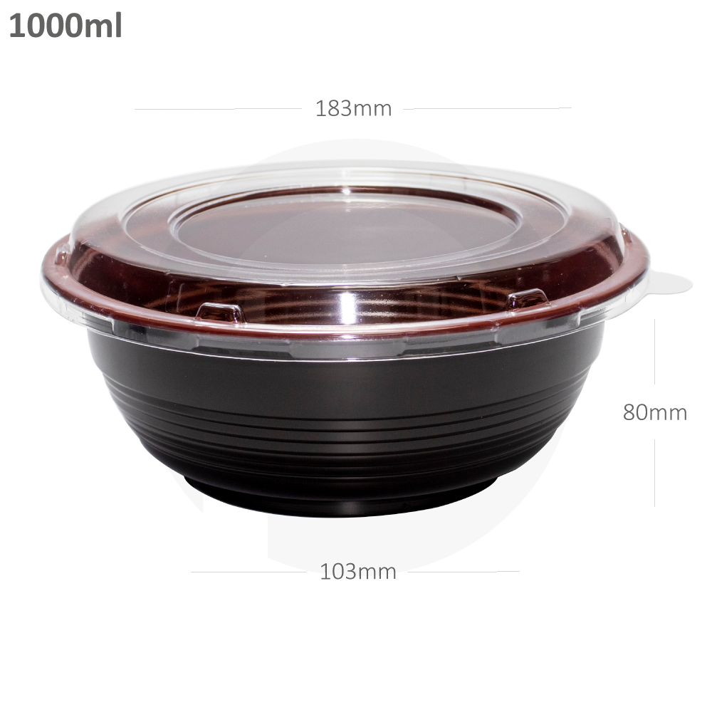 [591002] 1000ml PP Plastic Round Black Bowl Clear Lid 200/ctn
