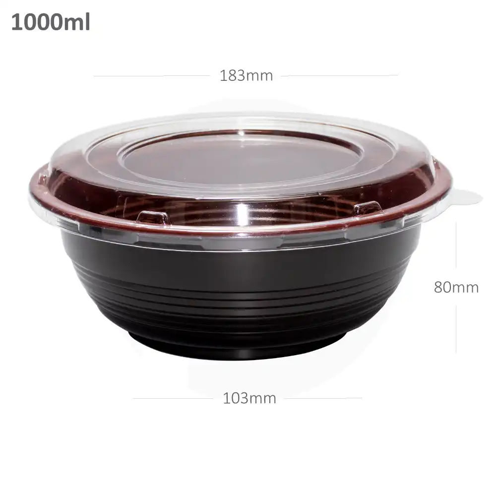 [020002] 1000ml PP Plastic Round Black Bowl Clear Lid 200/ctn 