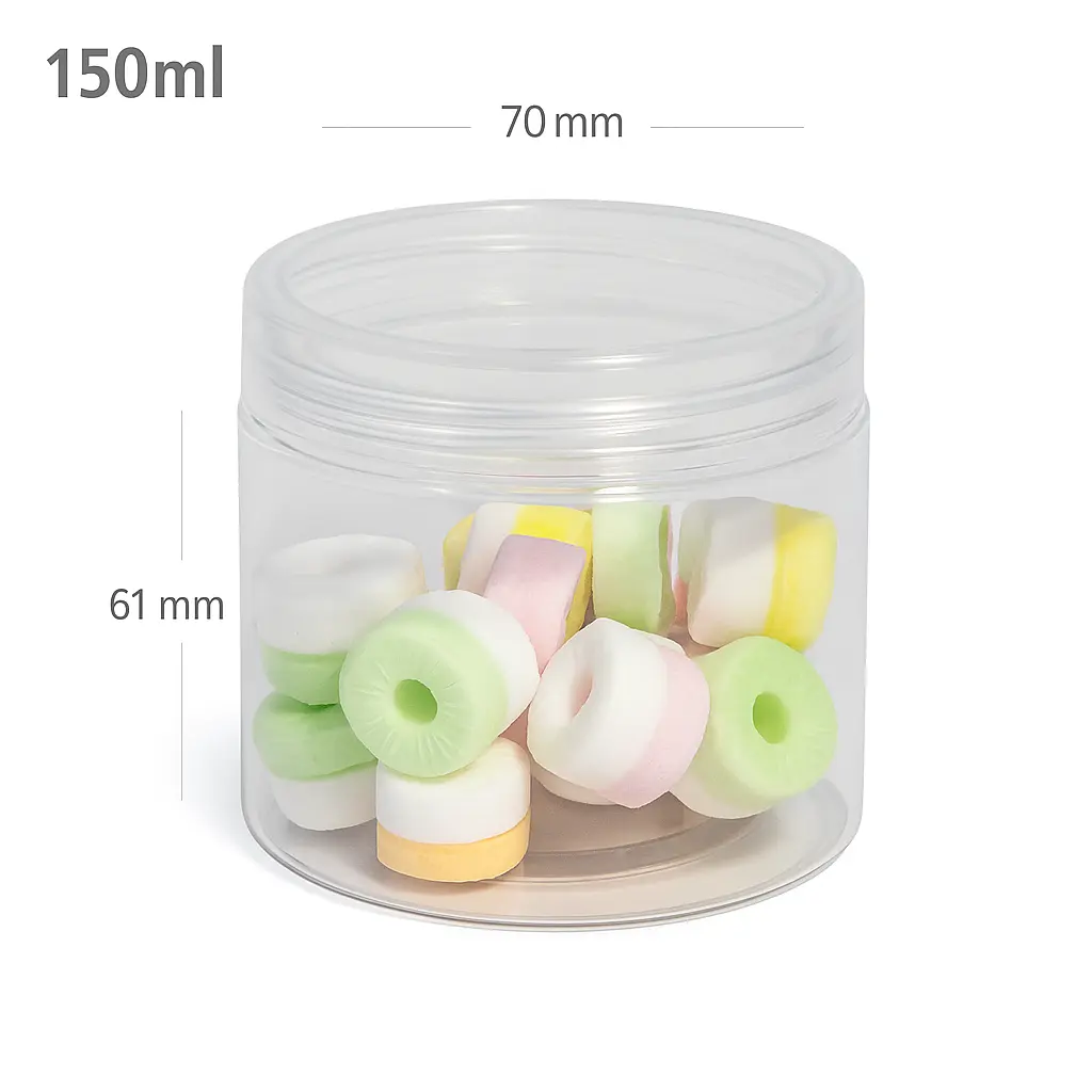 [003006] 150ml/70mm PET Plastic Jar Clear PP Cap 100/ctn